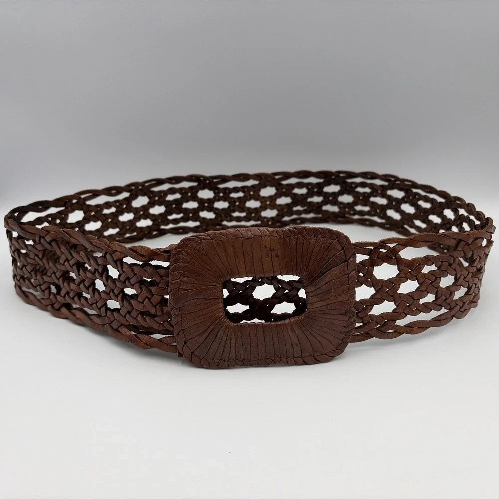 Unbranded Woven Belt Womens Medium Brown Leather Braided Boho Wide Cinch 46